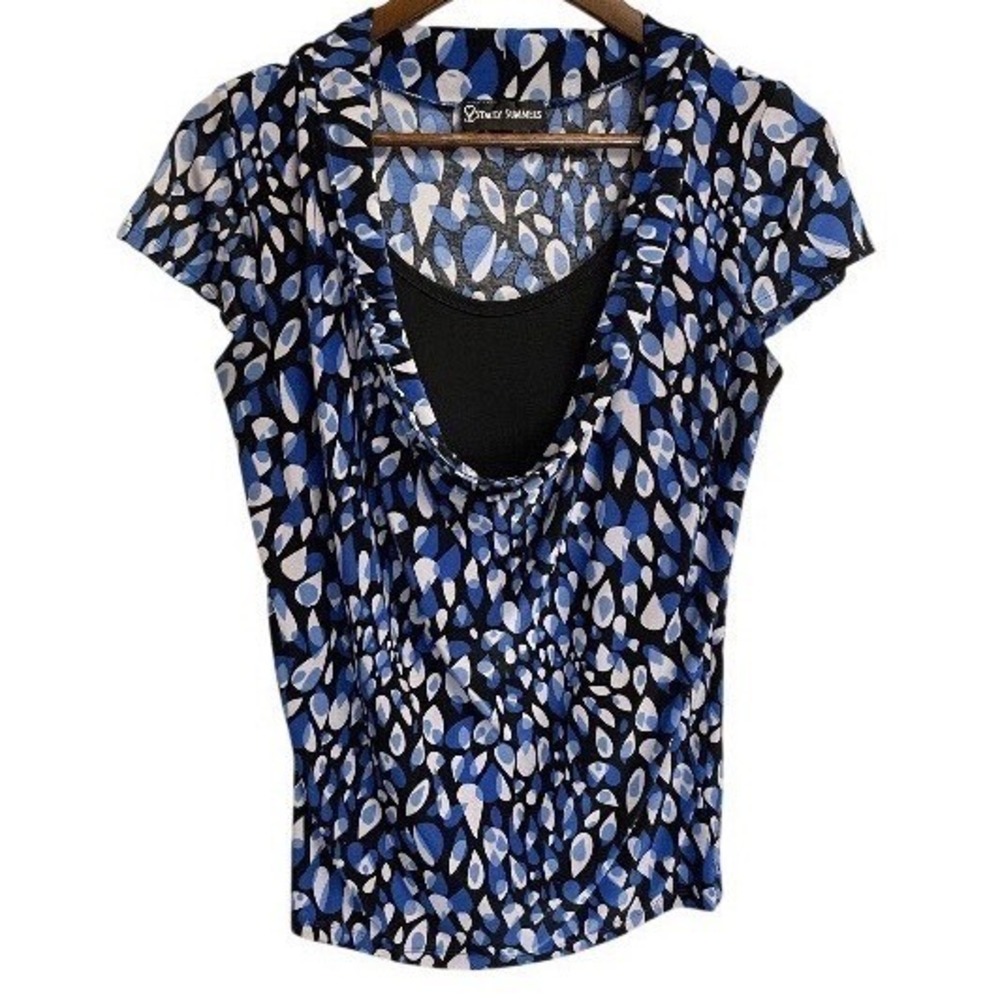 Stacey Summers Cowl Neck Layered Top Womens Blue Black Abstract Print